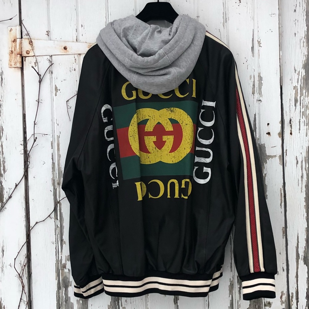 Gucci Logo Bomber Leather Jacket 48 M L Stripe NWT